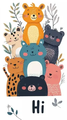 Playful Cartoon Animal Stack — Midjourney v6 AI Prompt: Cute cartoon characters with animal-like features, stacked on top of each other...