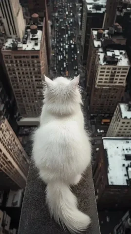 Realistic Angora Cat Rooftop — Midjourney v6 AI Prompt: In the city, a white long-haired Angora cat standing on a rooftop, looking down...