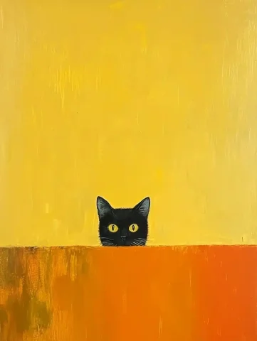 Humorous Cat in Rothko — Midjourney v6 AI Prompt: A painting of Mark Rothko's famous work, Orange and Yellow, that feature the hea...