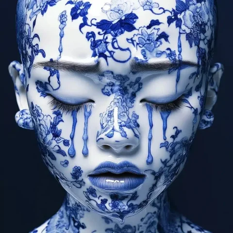 Hyperrealistic Porcelain Woman — Midjourney v6 AI Prompt: a hyperrealstic woman made out of blue and white shiny porcelain, crying out of...