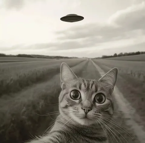 Cat Selfie with Saucer — Midjourney v6 AI Prompt: A cat taking a selfie with a flying saucer in the background, black and white ph...