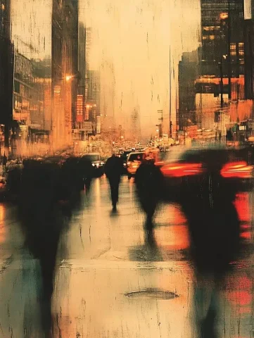 Vintage Urban Motion Blur — Midjourney v6 AI Prompt: A bustling urban street scene with dynamic motion blur of moving traffic, soften...