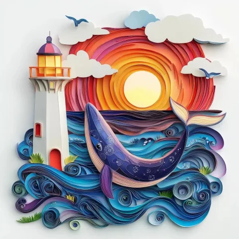 Colorful Quilled Lighthouse and Whale — Midjourney v6 AI Prompt: lighthouse, swimming whale, paper cut craft, 3d paper illustration, quilling, re...