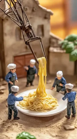 Miniature Chefs with Pasta — Midjourney v6 AI Prompt: A beautifully detailed miniature scene of tiny chefs assembling a plate of fettu...