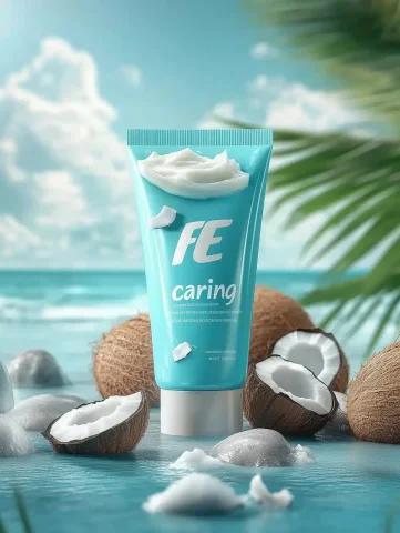 Hyper-Realistic Cream Advertisement — Midjourney v6 AI Prompt: A large tube of cream with coconut, advertising banner for " FE caring" skin car...
