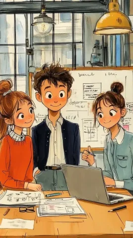 Hand-Drawn Entrepreneurs in Workspace — Midjourney v6 AI Prompt: The hand-drawn style features smooth lines, conveying vitality and youthfulness....