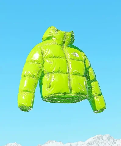 Bean Green Jacket Aerial — Midjourney v6 AI Prompt: A bean green The North Face down jacket, flying in the sky above the snow-capped...