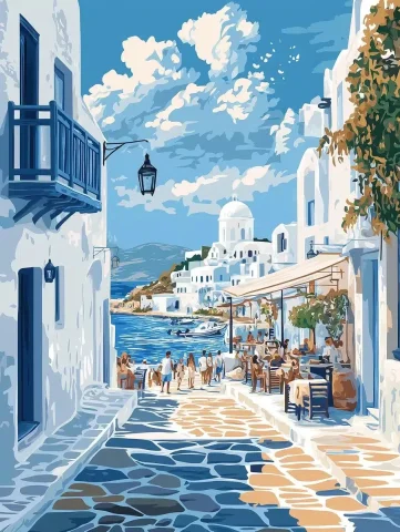 Paros Coastal Travel Poster — Midjourney v6 AI Prompt: Design a captivating travel poster illustration for Paros, Greece, highlighting...