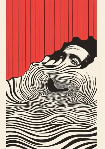 Carnival Masked Woman Illustration — Midjourney v6 AI Prompt: Woman in the carnaval mask, theater curtain, wavy lines art, view front distance