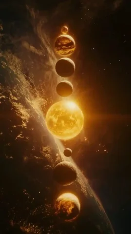 Realistic Line of Planets — Midjourney v6 AI Prompt: In the vast universe, seven planets are connected in a line, and each planet is...
