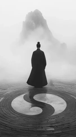 Daoist Priest with Bagua — Midjourney v6 AI Prompt: A Daoist priest arranges a Bagua formation, the stark black-and-white Yin-Yang s...