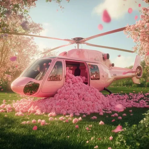 Ultra-Realistic Pink Helicopter Overflowing with Roses — Midjourney v6 AI Prompt: Stylish modern pink helicopter with an open door, overflowing with pink roses sp...
