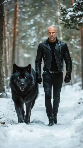 Cinematic Man and Wolf — Midjourney v6 AI Prompt: a man about 45 years old, blond, with a very short crew cut, stocky build, looks...
