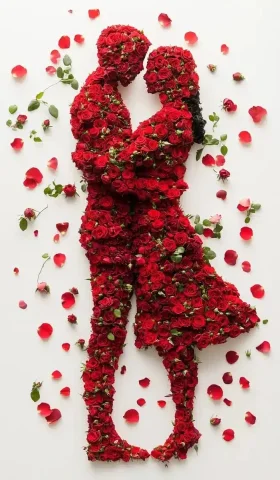 Floral Embrace Photograph — Midjourney v6 AI Prompt: The red roses on the wall form an outline of two people hugging each other, with...