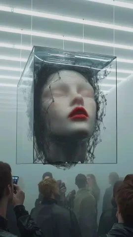 Futuristic Museum with Floating Head — Midjourney v6 AI Prompt: A futuristic museum hall filled with a soft, drifting haze of smoke. The entire...