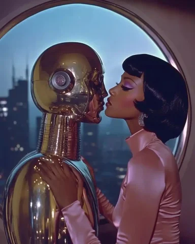 Retro-Futuristic Model and Robot — Midjourney v6 AI Prompt: african stunning model. metallic shiny robot. setting: 1960s penthouse with larg...