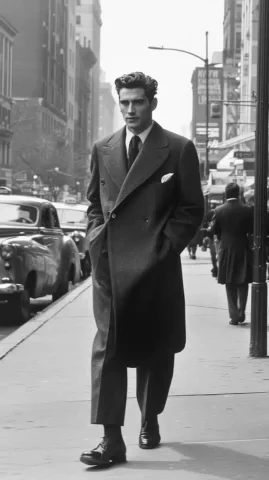 Vintage Man in Suit — Midjourney v6 AI Prompt: Vintage photo of an elegant man in a suit walking on the street, full-body shot,...