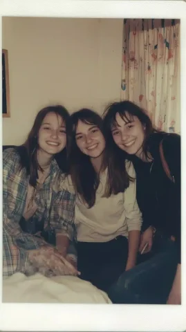 Polaroid of College Girls — Midjourney v6 AI Prompt: Cheap Polaroid photography of four ordinary messy 29 years old college slav girl...