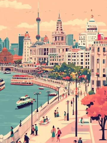 Cartoon Shanghai Bund Landscape — Midjourney v6 AI Prompt: Vibrant illustrations of the Bund landscape, featuring iconic landmarks, bustlin...