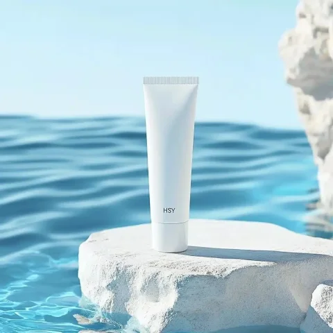 Minimalist Sun Cream Display — Midjourney v6 AI Prompt: a sun cream standing on the white stone, with a light blue sky background and wh...