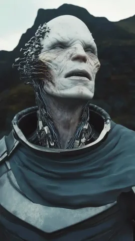 Hyper-Realistic Alien Cyborg — Midjourney v6 AI Prompt: create a hyper realistic cinematic shot showing a highly detailed alien cyborg c...
