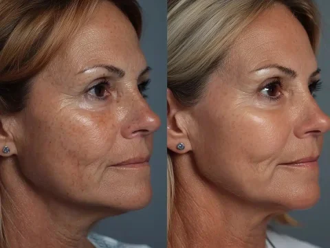 Before-and-After Skin Treatment — Midjourney v6 AI Prompt: A close-up comparison of an mid age woman’s face, showcasing a before-and-after...