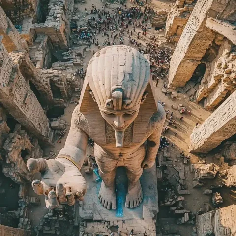 Drone View Hand Lifting Egyptian Woman — Midjourney v6 AI Prompt: drone shot from above shoot done see a big humaniod hand lefting a egyptian wome...