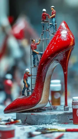 Miniature Workers Polishing Shoe — Midjourney v6 AI Prompt: Hyper-realistic macro shot of a team of miniature workers meticulously polishing...