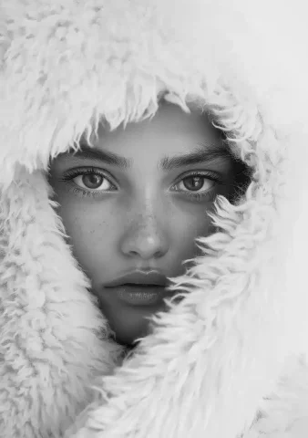 Monochrome Vogue Portrait — Midjourney v6 AI Prompt: High-fashion portrait of a woman with big eyes, covered in a white fur blanket,...