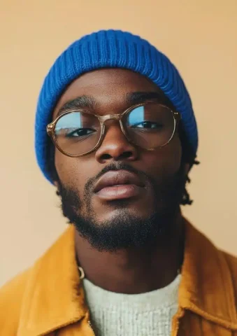 Vintage Portrait of Man — Midjourney v6 AI Prompt: Close-up shot of an African American man wearing a blue beanie, against a beige...