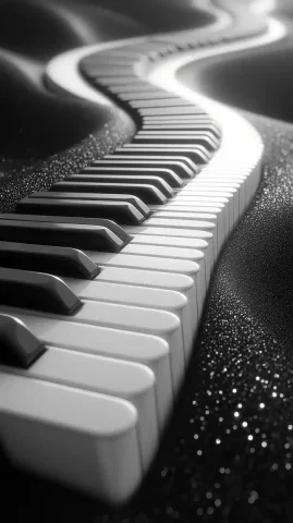 Monochrome Piano Key Road — Midjourney v6 AI Prompt: Minimalist poster design, a stark black and white S-shaped road made of hyper-re...