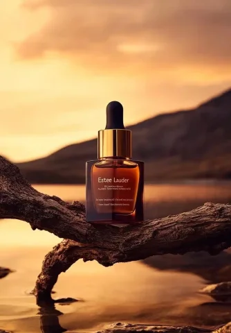 Minimalist Product Photography Este Lauder Serum — Midjourney v6 AI Prompt: A bottle of "Estée Lauder" Advanced Night Repair serum is placed on a branch, su...