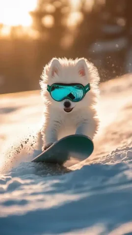 Snowy Puppy on Snowboard — Midjourney v6 AI Prompt: In a snowy landscape bathed in golden sunlight, a small white Japanese Spitz pup...