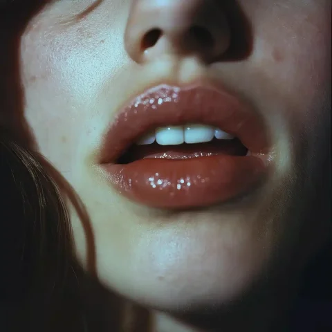 Frontal Close-Up of Lips — Midjourney v6 AI Prompt: create a picture of a real photo taken with a Yashica T4 with flash showing a st...