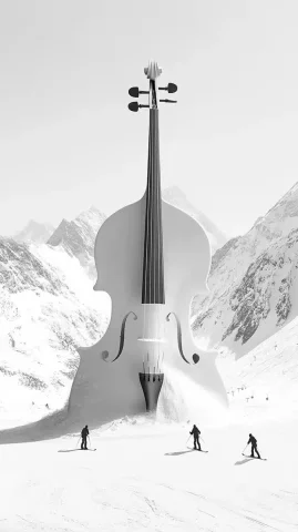 Monochrome Instrument in Snow — Midjourney v6 AI Prompt: A monumental classical instrument, like an oversized grand piano or violin, inte...