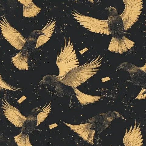 Mystical Ravens with Scrolls — Midjourney v6 AI Prompt: A repeating pattern of mystical ravens carrying tiny enchanted scrolls in their...