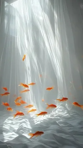 Colorful Fish in Skylight — Midjourney v6 AI Prompt: In the white room, there is an open square skylight on top of which small colorf...