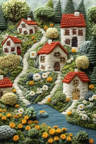Felt Craft Village Scene — Midjourney v6 AI Prompt: flat picture, fairy-tale village, white houses with red roofs, houses stand arou...