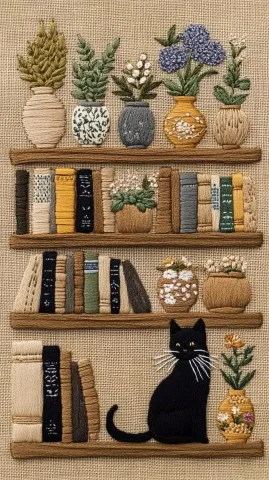 Embroidered Bookshelf with Cat — Midjourney v6 AI Prompt: Embroidered on burlap fabric with silk threads, featuring a two-tier wooden book...