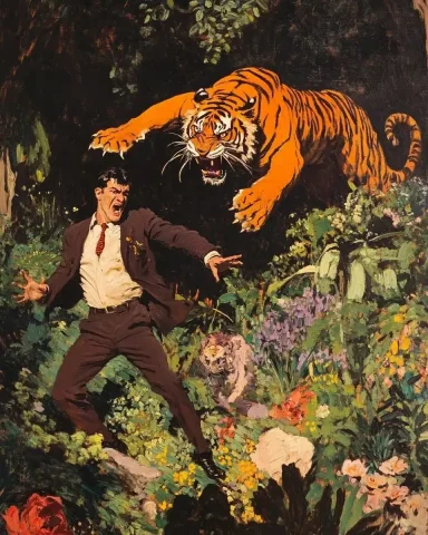 Crockwell Tiger Attack Scene — Midjourney v6 AI Prompt: crockwell painting of tiger attacking a man in a suit in a garden at dusk. Low a...