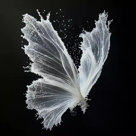 Abstract White Particle Wings — Midjourney v6 AI Prompt: A right-profile view of delicate wings composed entirely of white particles, ins...