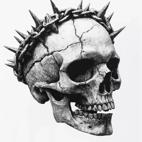 Spiked Chain Skull Blackwork — Midjourney v6 AI Prompt: skull wrapped in a thick chain with spikes on the links, take 3/4. blackwork sty...