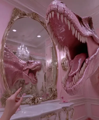 Surreal T-Rex Skull Display — Midjourney v6 AI Prompt: Close-up of an enormous T-Rex skull with long, sharp teeth hanging from the ceil...