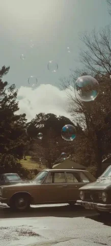 Wes Anderson Bubbles Over Street — Midjourney v6 AI Prompt: In the style of Wes Anderson, create an ultra-realistic photograph of floating b...