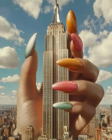 Elegant Hand Holding Skyscraper — Midjourney v6 AI Prompt: A huge real woman's hand holds a skyscraper around it. Perfect nails shimmer wit...