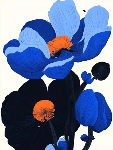 Marimekko Blue Flowers Illustration — Midjourney v6 AI Prompt: Blue flowers, Marimekko illustration in the style of Maira Kalman on a white bac...