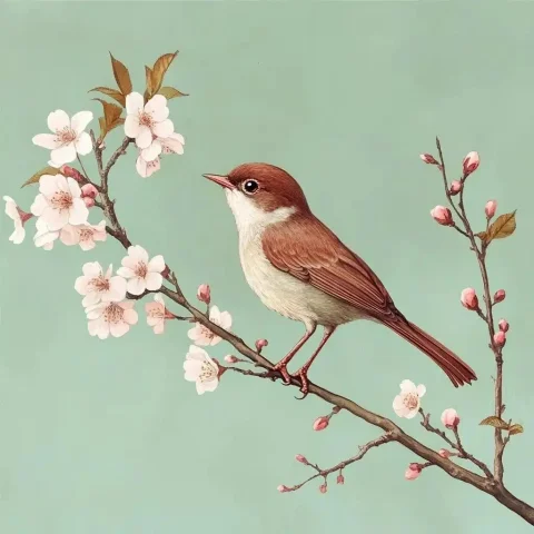 Nightingale on Cherry Blossom — Midjourney v6 AI Prompt: nightingale on a blossom cherry branch like this: chipped13_nightingale_on_a_blo...