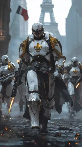 Futuristic Knights in Paris — Midjourney v6 AI Prompt: A futuristic French military unit known as the Royal Resonance Corps, their powe...