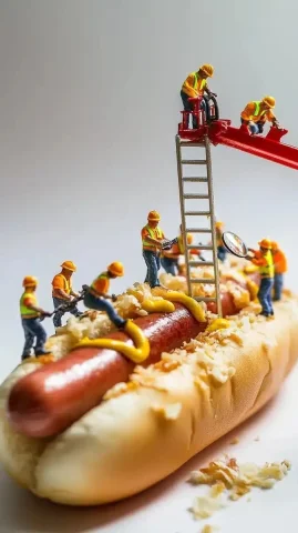 Miniature Workers on Hot Dog — Midjourney v6 AI Prompt: A professional studio-quality photograph of tiny miniature construction workers...