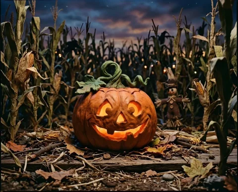 Whimsical Jack-O-Lantern Pumpkin — Nano Banana 2 AI Prompt: A close-up, eye-level shot shows an orange pumpkin with a carved jack-o'-lantern...